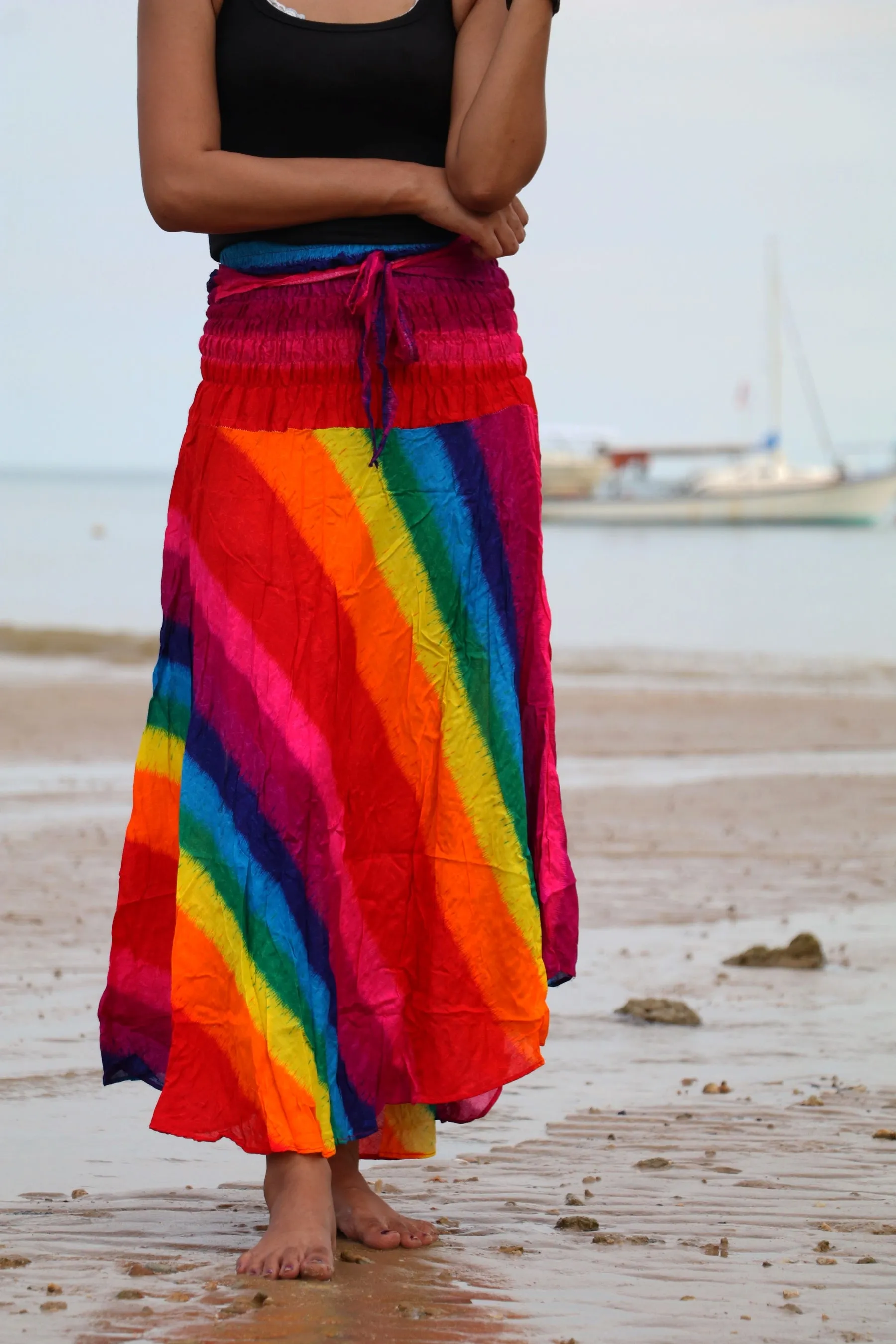 Maxi Dresses Boho Skirts Summer Festival Beachwear Sarong Skirt Bow Tie Sash Rainbow Tie Dye