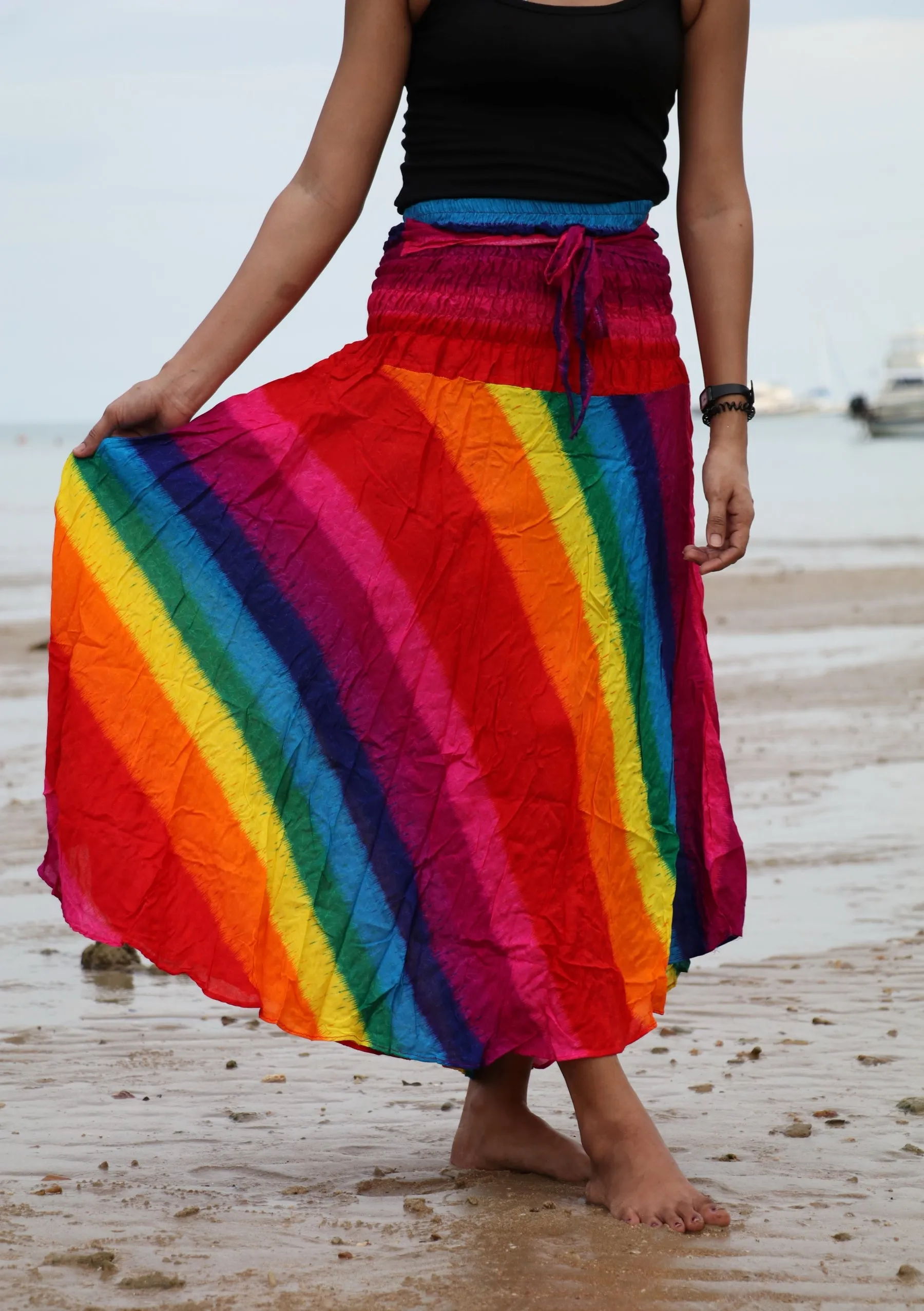 Maxi Dresses Boho Skirts Summer Festival Beachwear Sarong Skirt Bow Tie Sash Rainbow Tie Dye