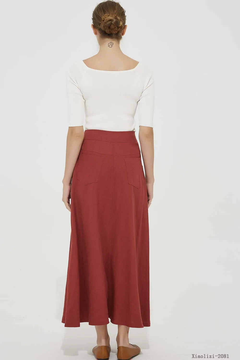 maxi red linen skirt, pleated linen skirt 2081