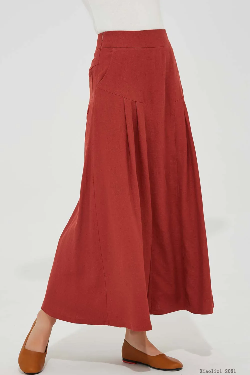 maxi red linen skirt, pleated linen skirt 2081