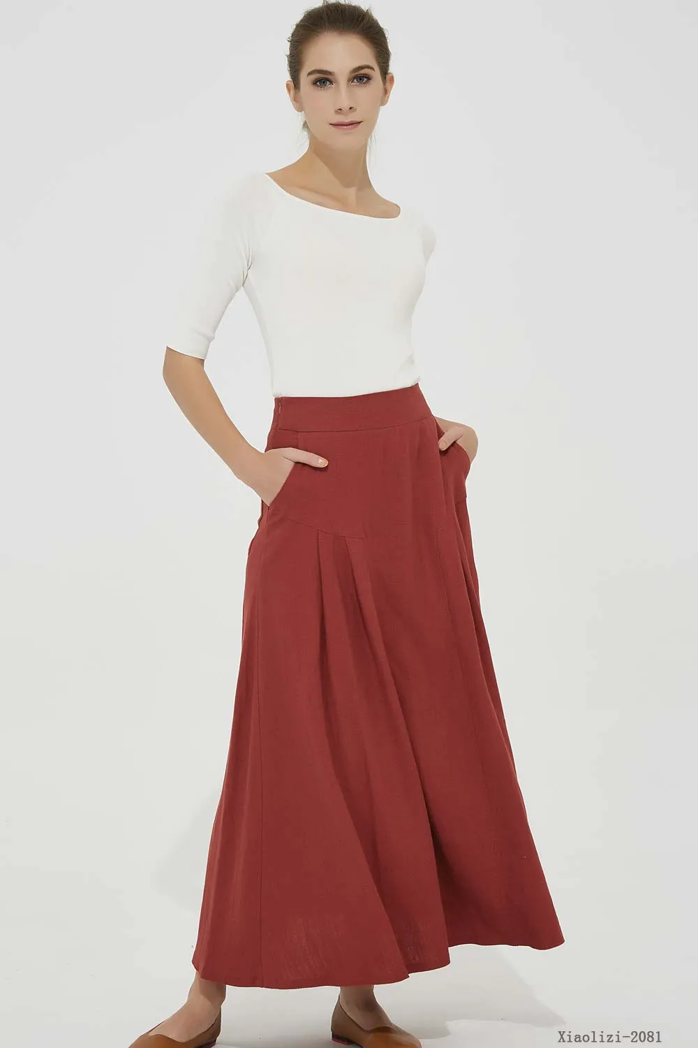 maxi red linen skirt, pleated linen skirt 2081