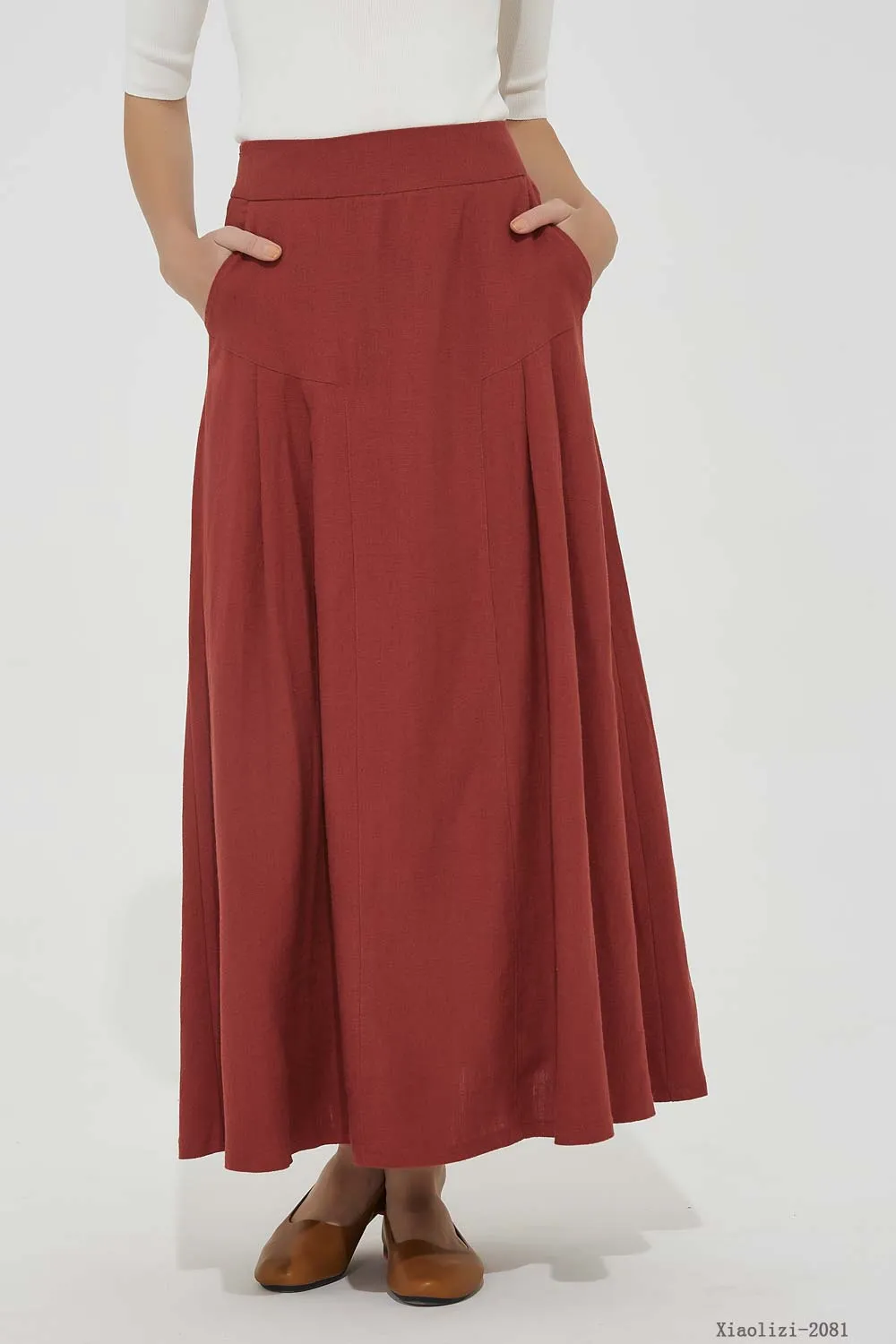 maxi red linen skirt, pleated linen skirt 2081