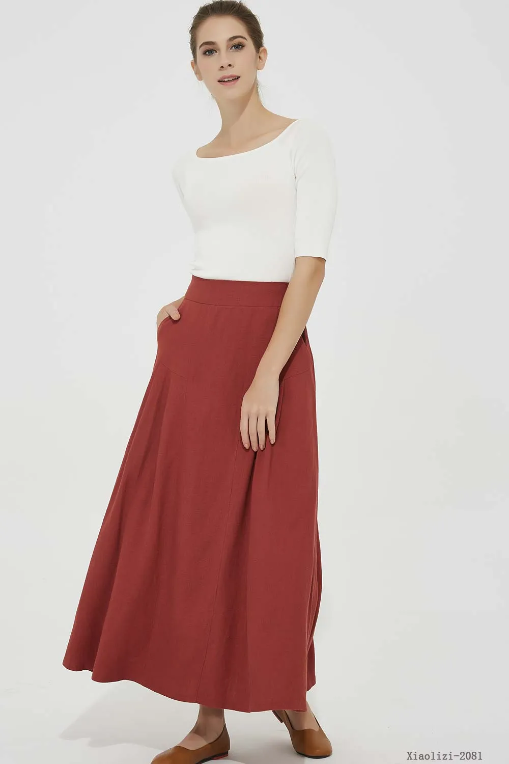 maxi red linen skirt, pleated linen skirt 2081