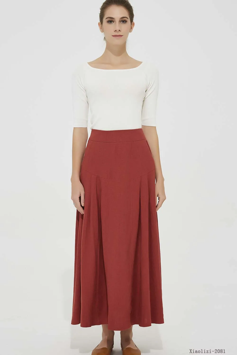 maxi red linen skirt, pleated linen skirt 2081