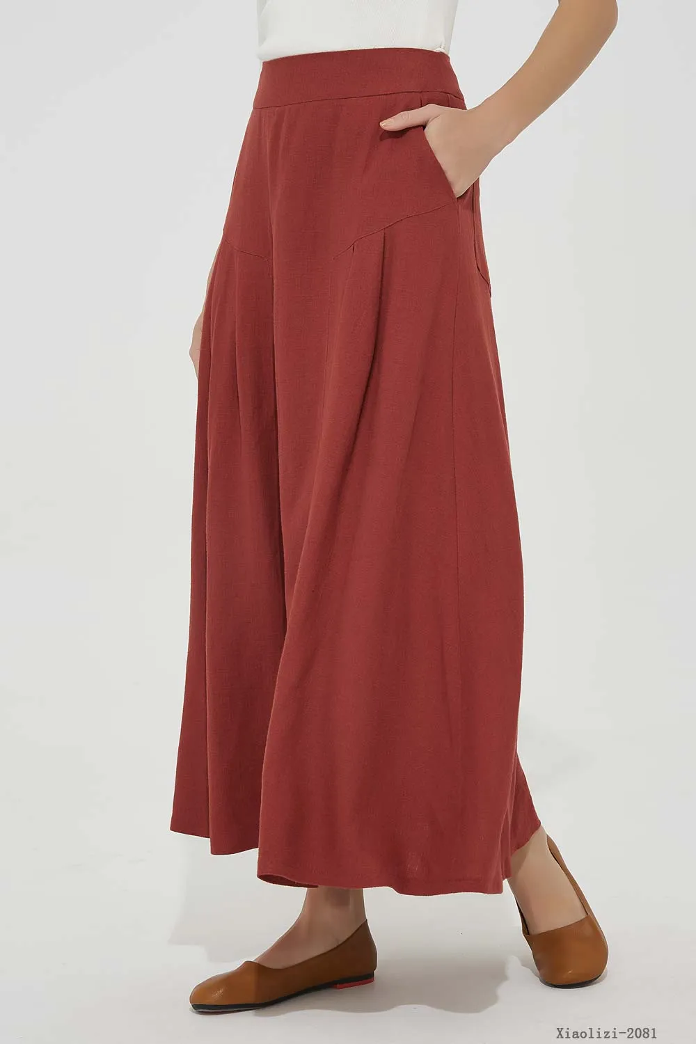 maxi red linen skirt, pleated linen skirt 2081