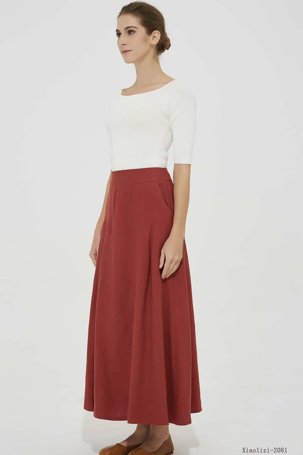 maxi red linen skirt, pleated linen skirt 2081