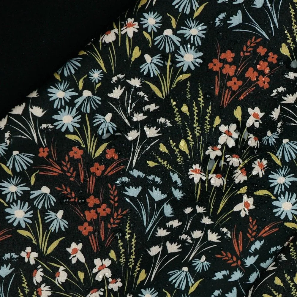 Meadow Flowers in Black Soft Shell Fleece Fabric