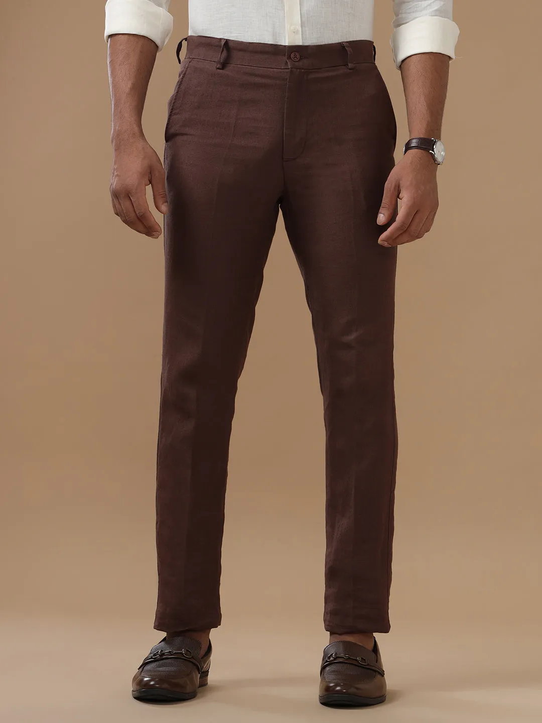 Men Linen Trim Fit Pant Brown - PL11