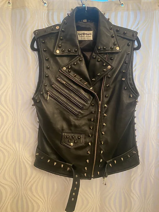 Mens Black Studded High Quality Lambskin Vest, M