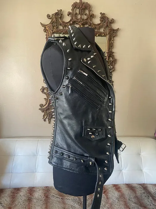 Mens Black Studded High Quality Lambskin Vest, M