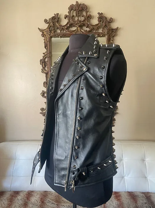 Mens Black Studded High Quality Lambskin Vest, M