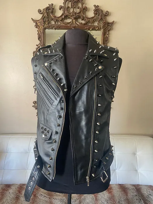 Mens Black Studded High Quality Lambskin Vest, M