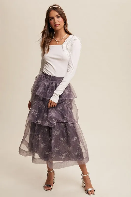 Mocha Grey Sparkle Organza Tiered Maxi Skirt