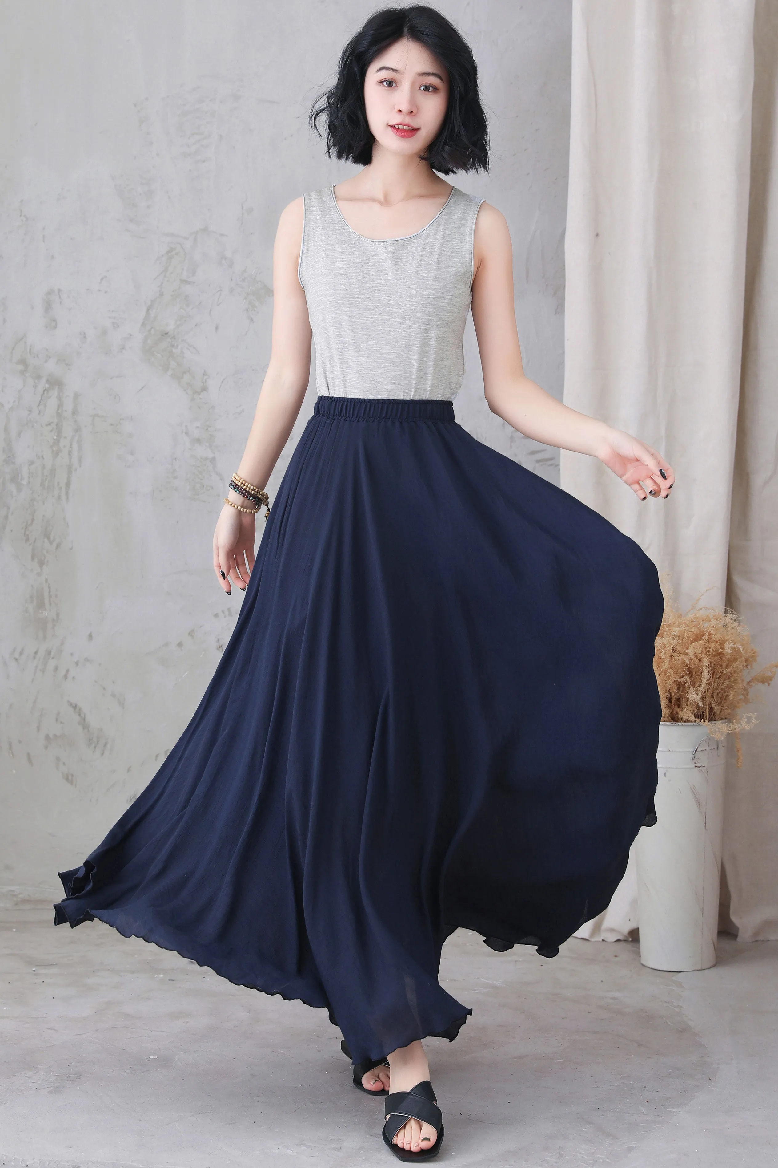 Navy blue Linen Maxi Skirt 3299