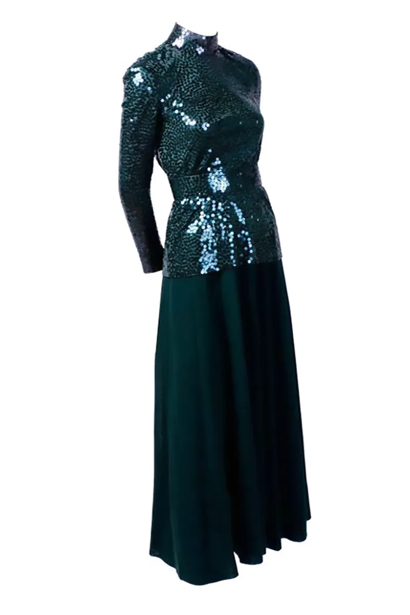 Norman Norell Vintage 2 Piece Evening Dress in Green W/ Sequins