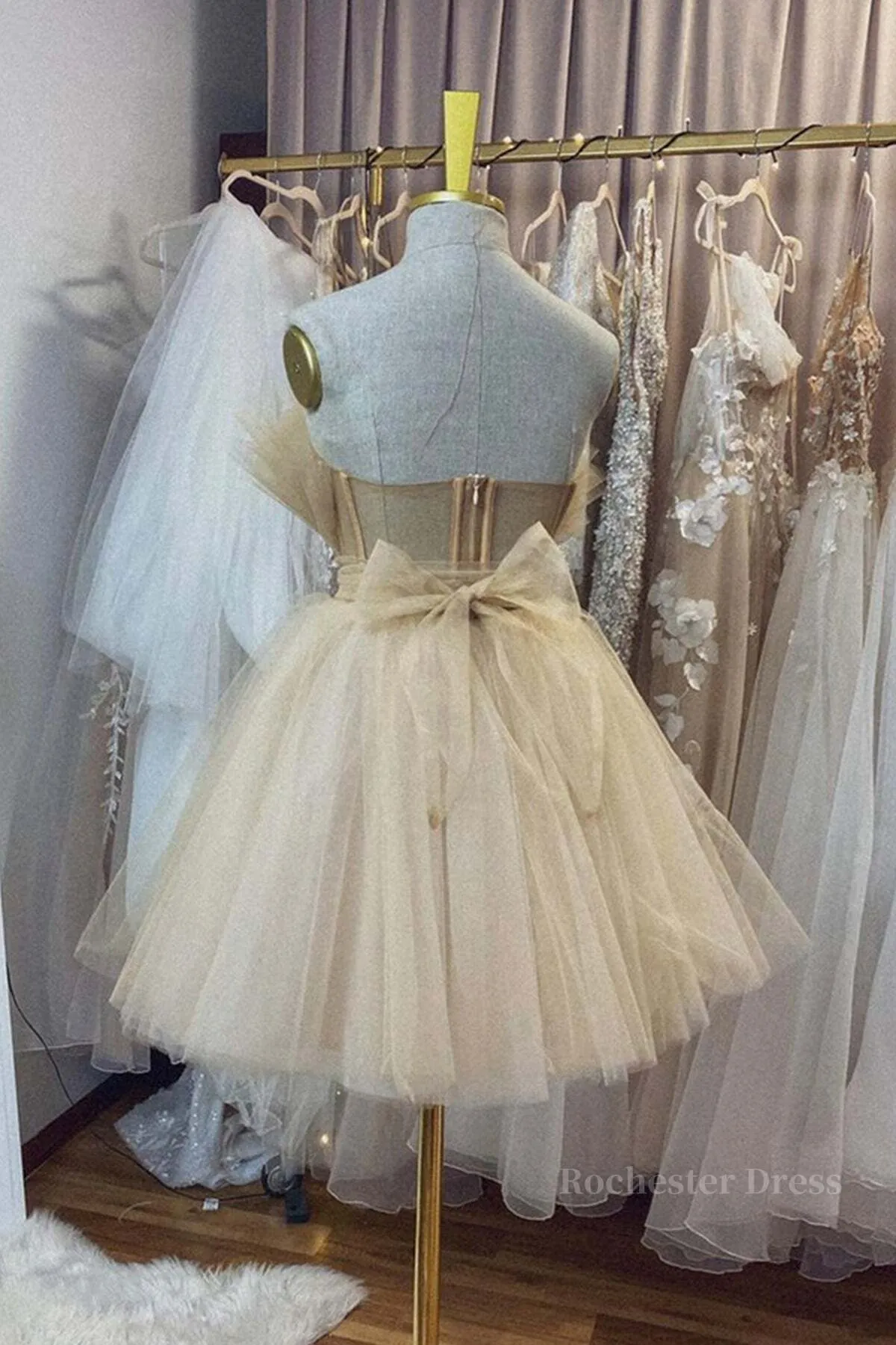 Open Back Strapless Champagne Tulle Short Prom Homecoming Dress, Strapless Champagne Formal Graduation Evening Dress