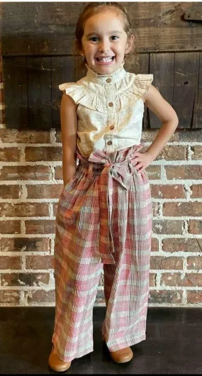 Pale Yellow Frill Top and Gingham Paper Bag Pants 2pc. Set