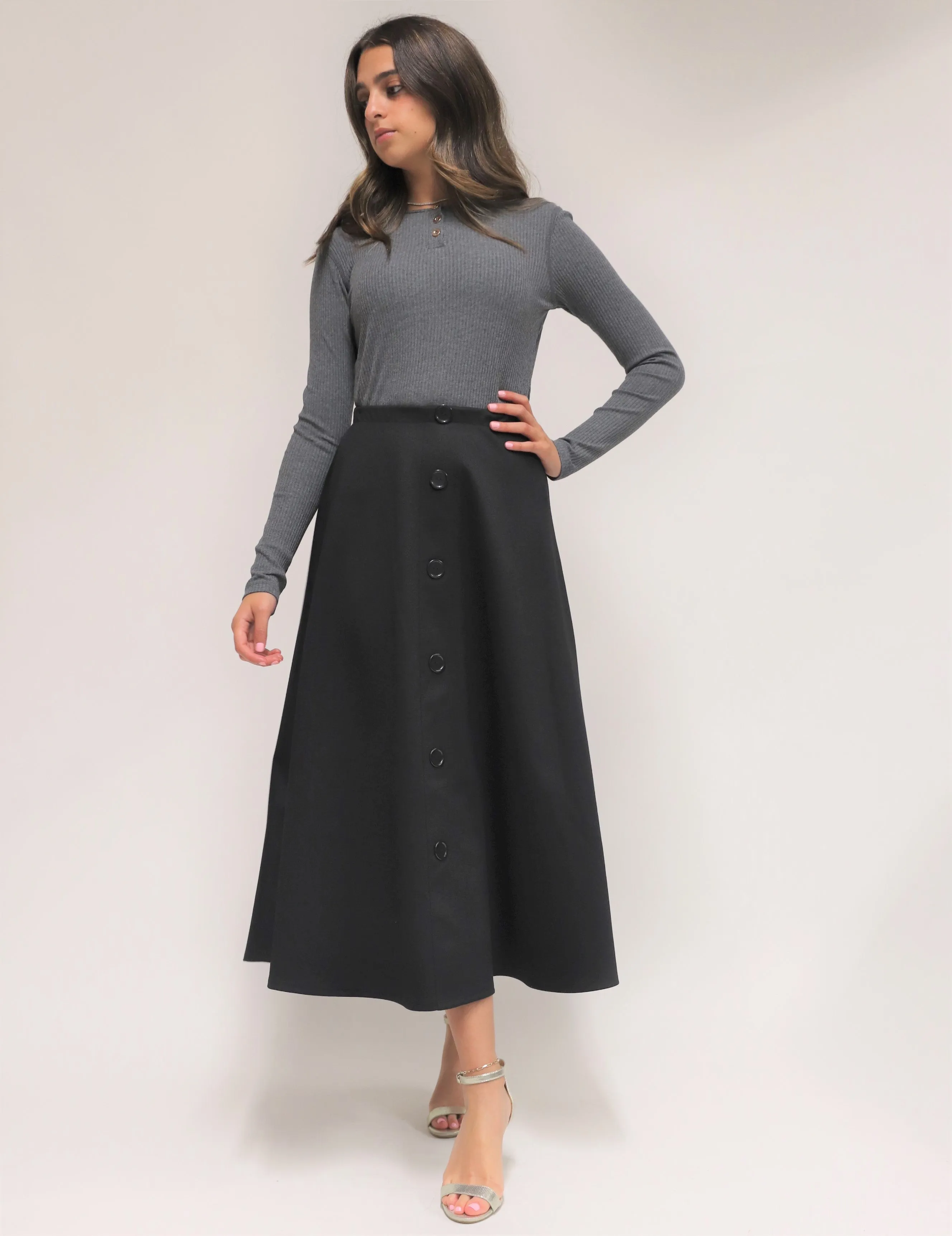 Pessy Mid Length Button Front  Everyday Skirt