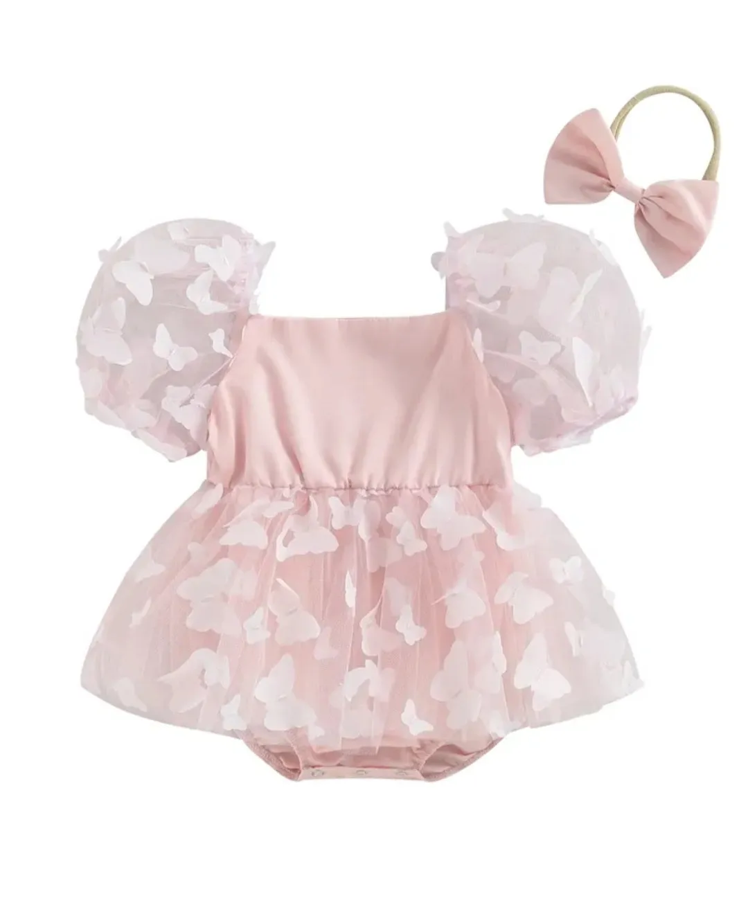 Pink Butterfly Puffy Sleeve Romper Dress #1001160