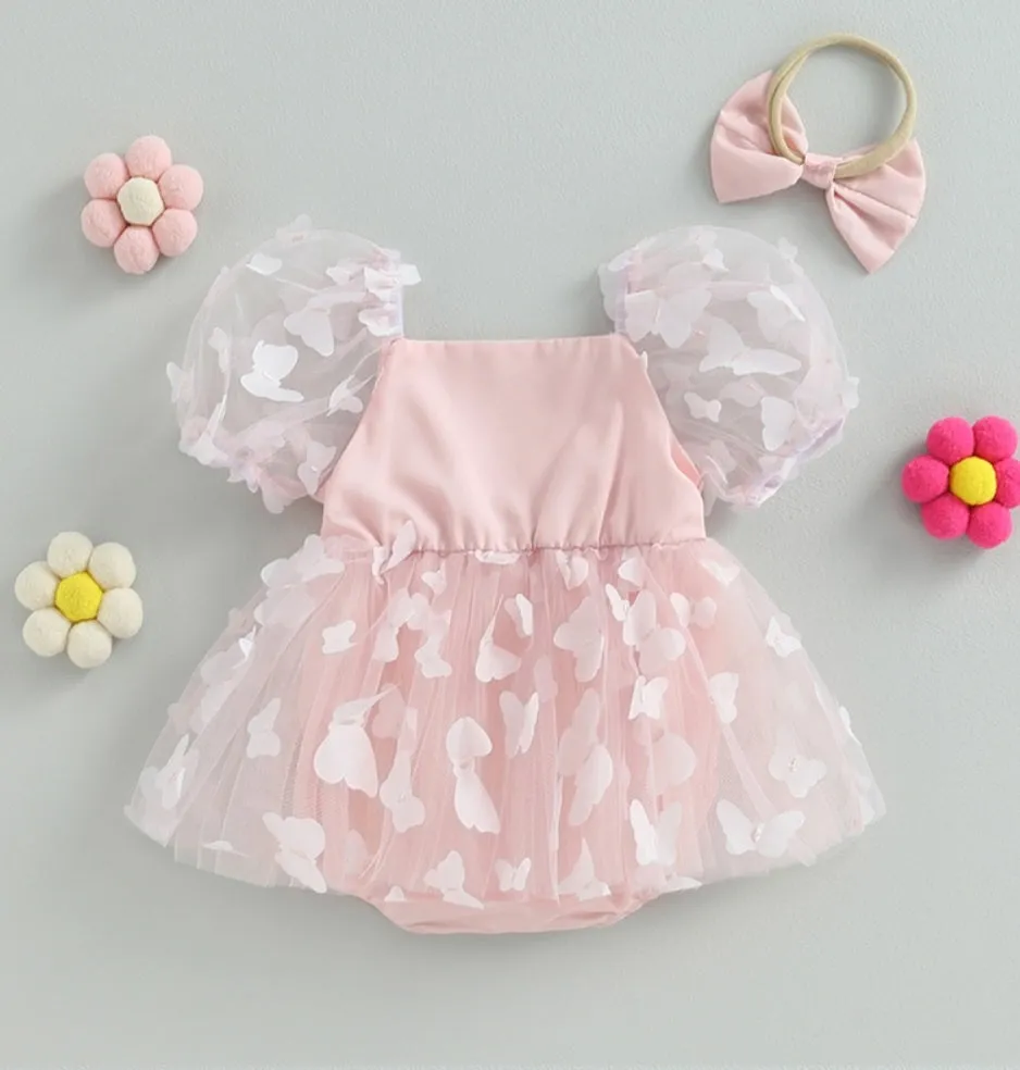 Pink Butterfly Puffy Sleeve Romper Dress #1001160