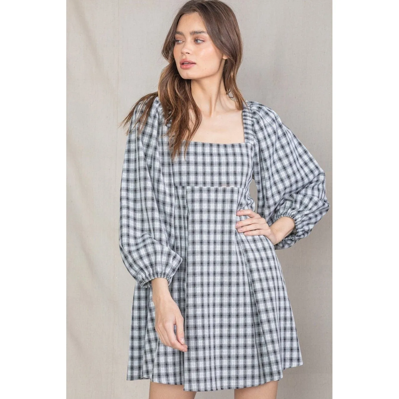 Plaid Babydoll Dress With Smocking Back Detail