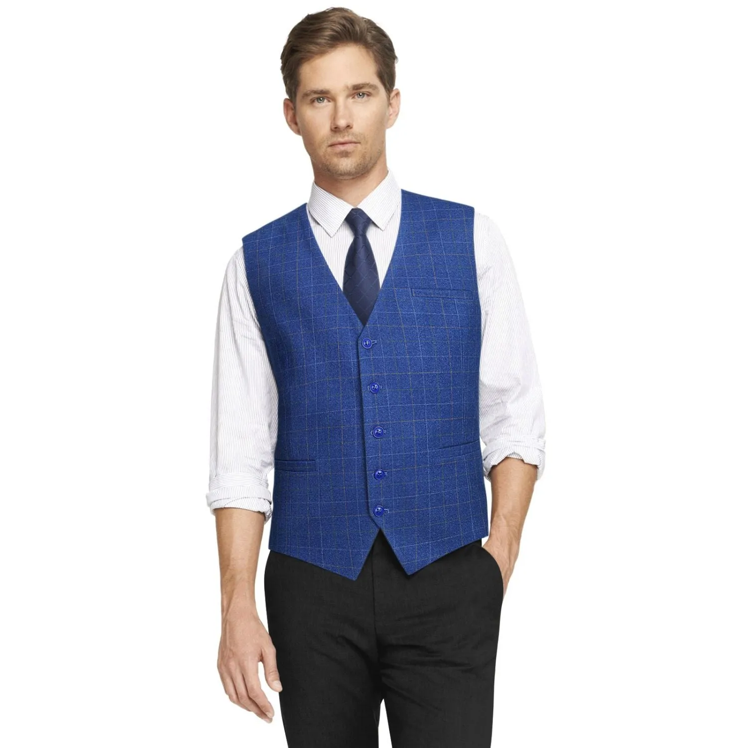 Plaid Slim Suit Vest - A-ROYAL BLUE