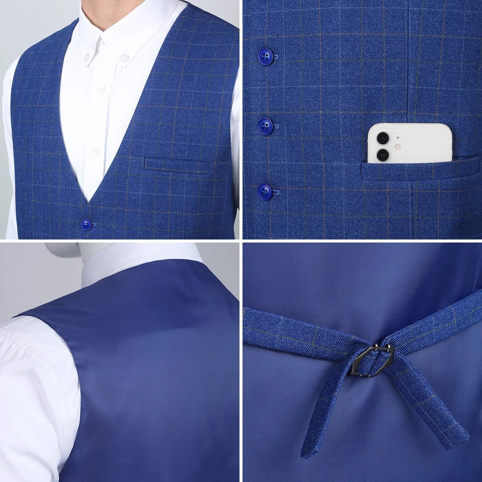 Plaid Slim Suit Vest - A-ROYAL BLUE