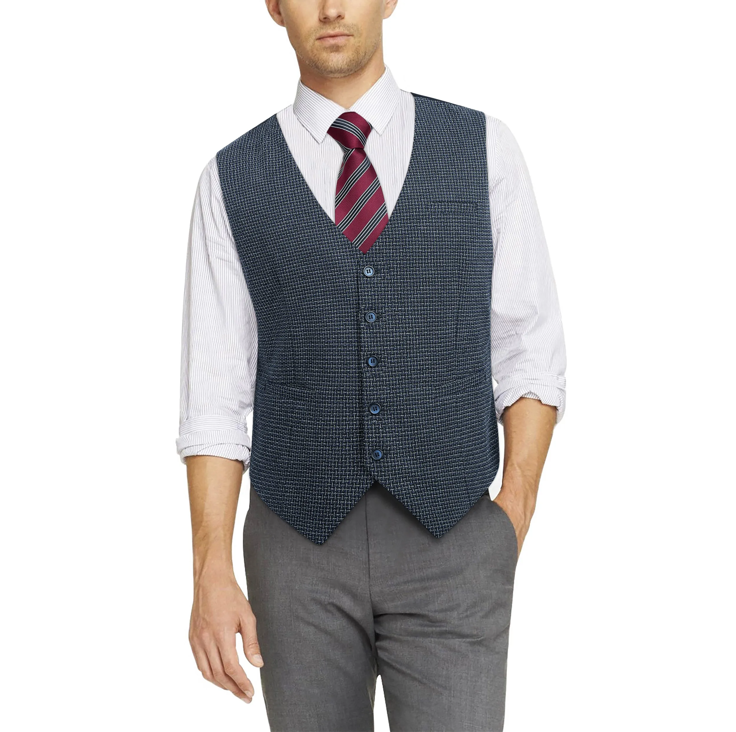 Plaid Slim Suit Vest - B7-NAVY BLUE