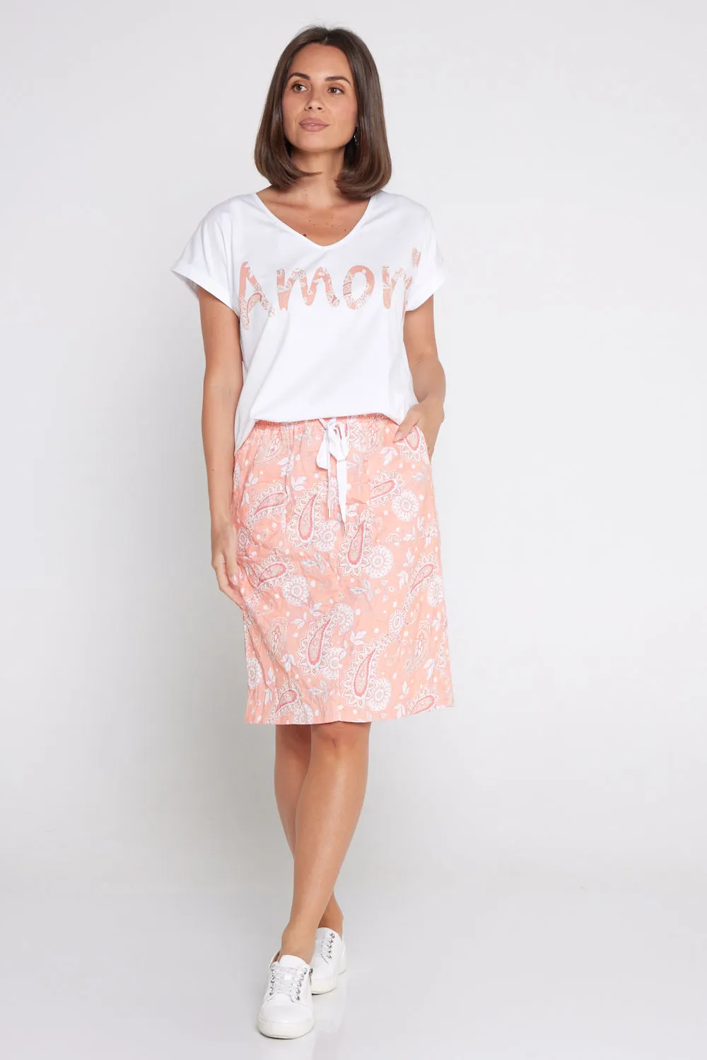 Printed Crushed Drawstring Skirt - Peach Paisley