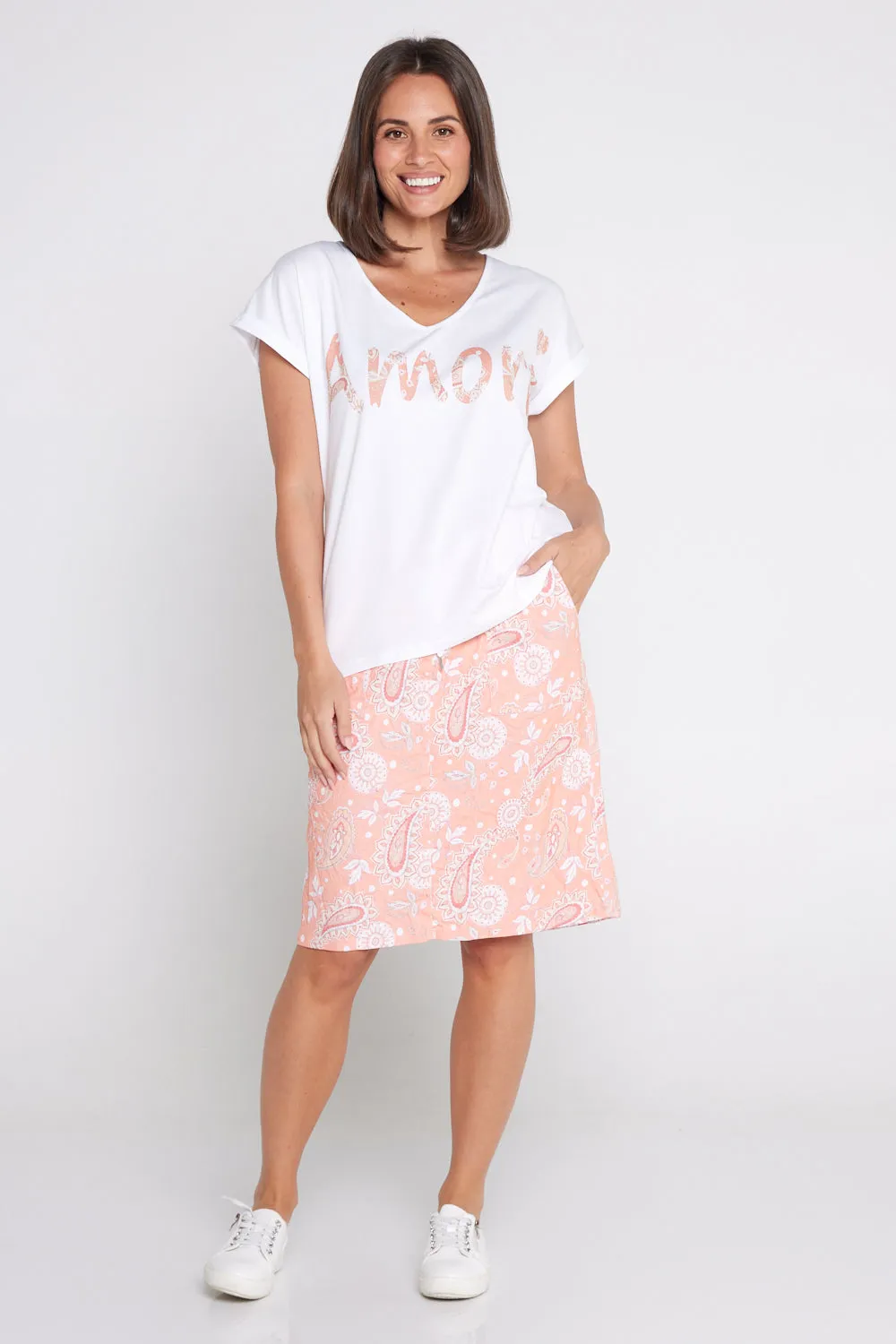 Printed Crushed Drawstring Skirt - Peach Paisley