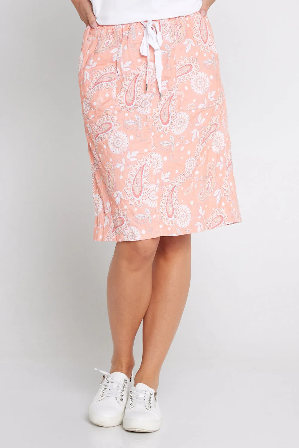 Printed Crushed Drawstring Skirt - Peach Paisley