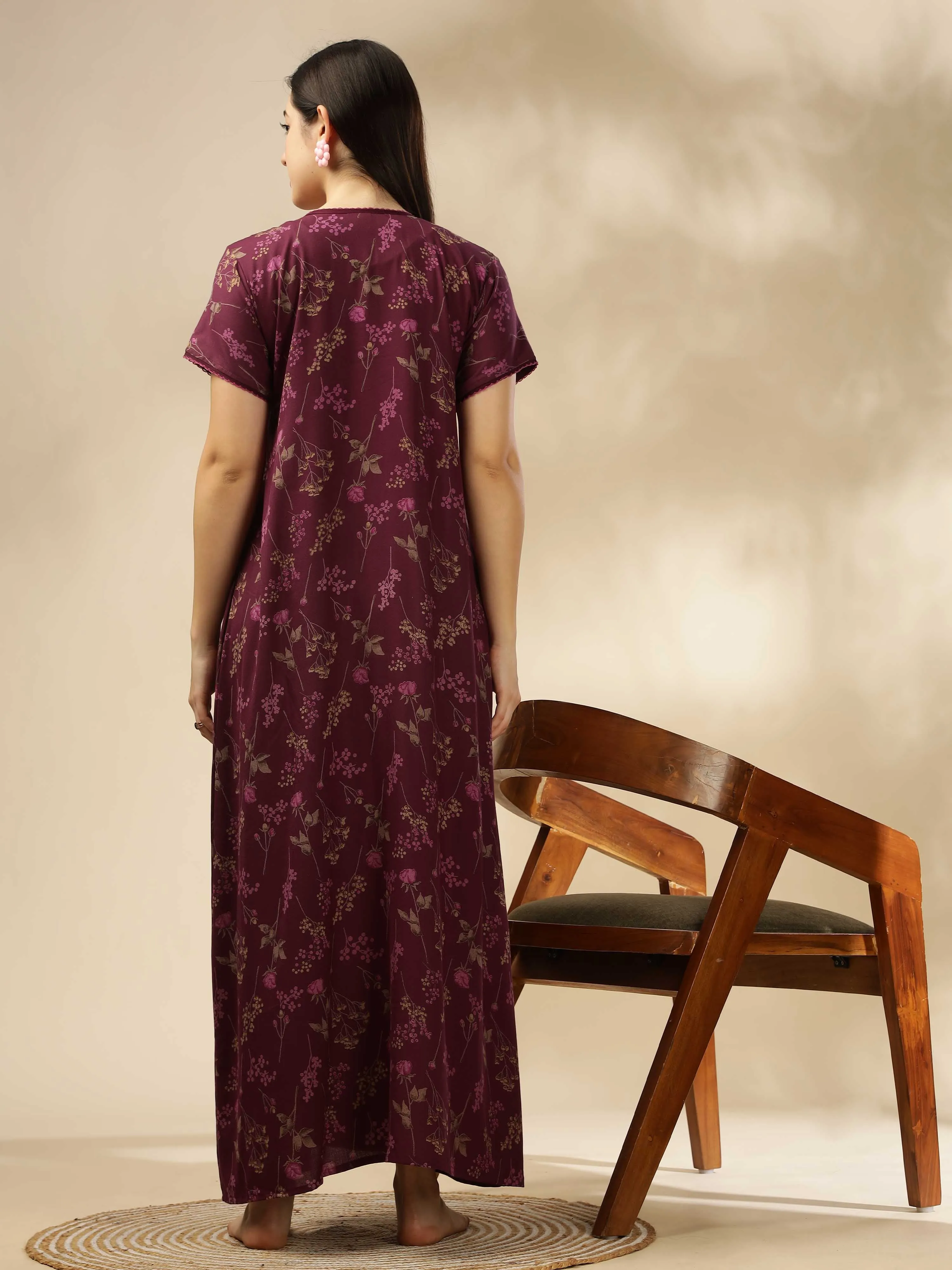 Purple Smoky Floral Alpine Maxi Nighty | Stylish & Comfortable