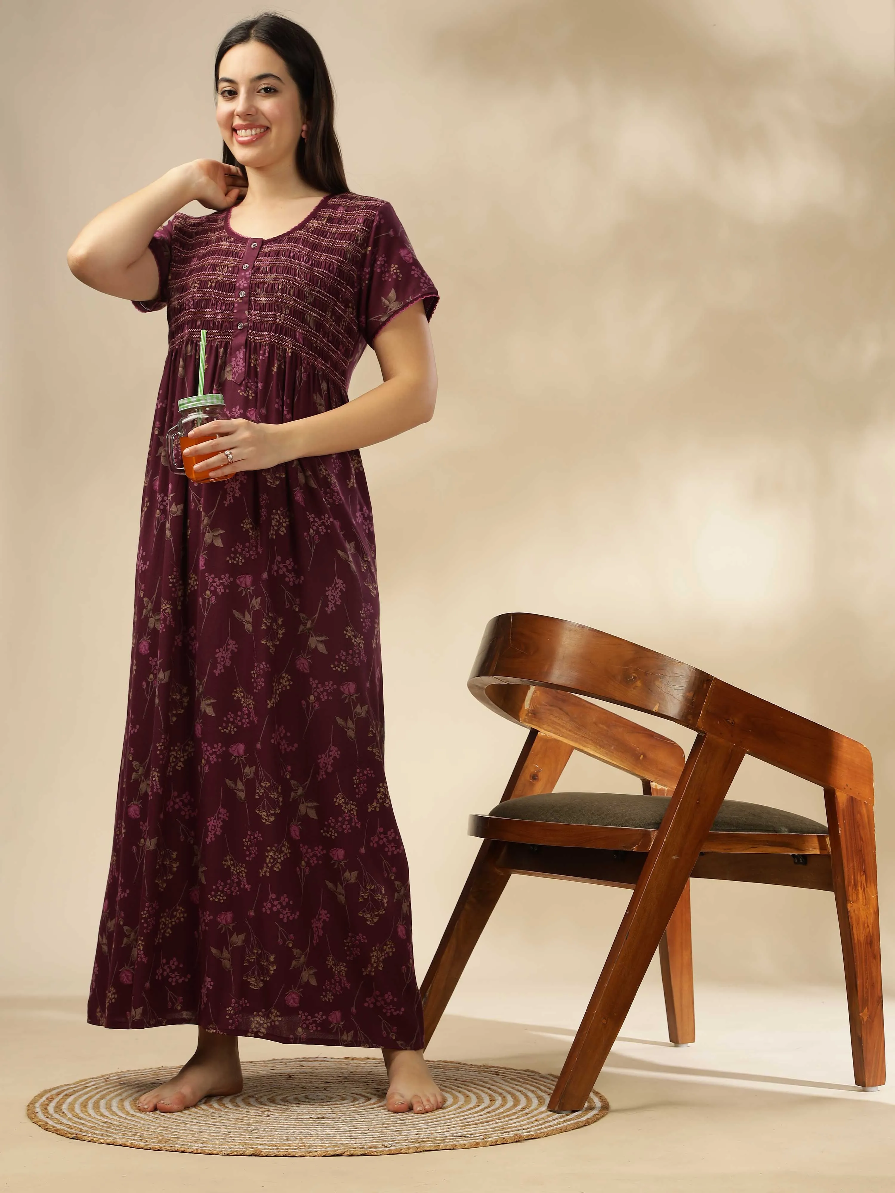 Purple Smoky Floral Alpine Maxi Nighty | Stylish & Comfortable