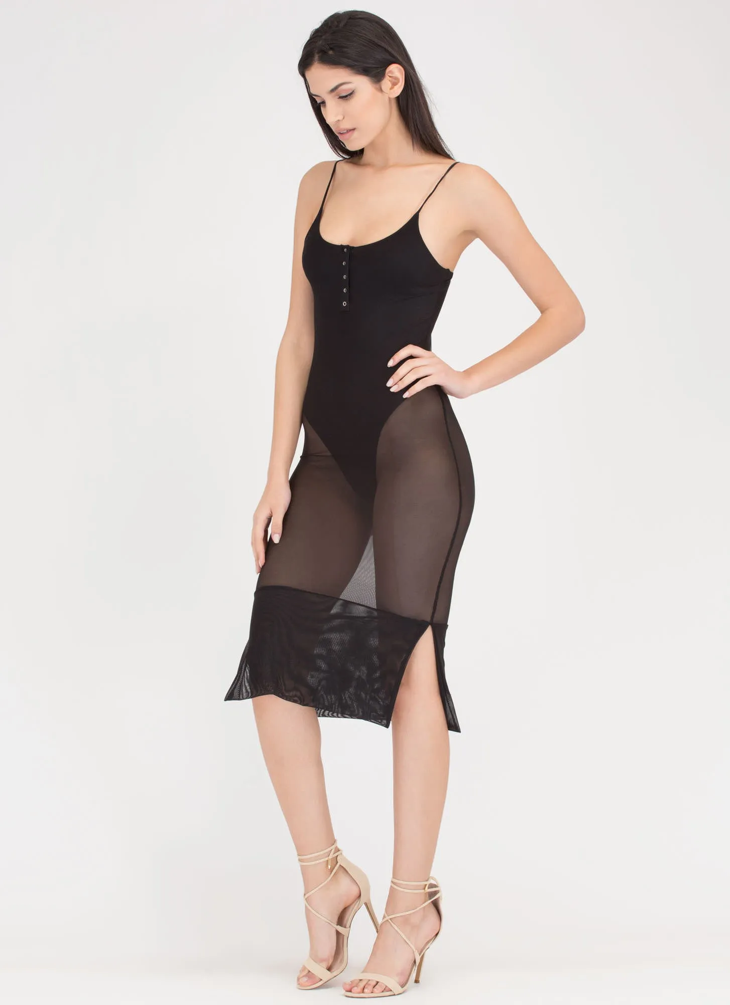 Push My Buttons Sheer Bodysuit Dress