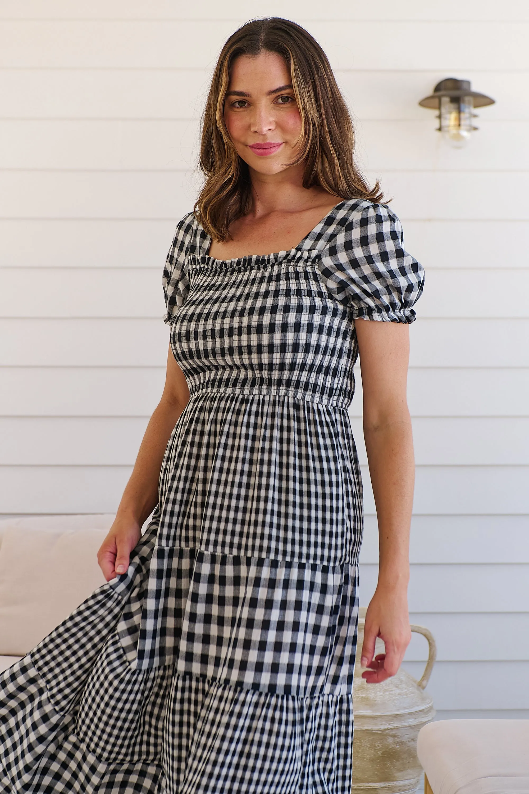 Quinn Black/White Gingham Shirred Bust Tiered Maxi Dress