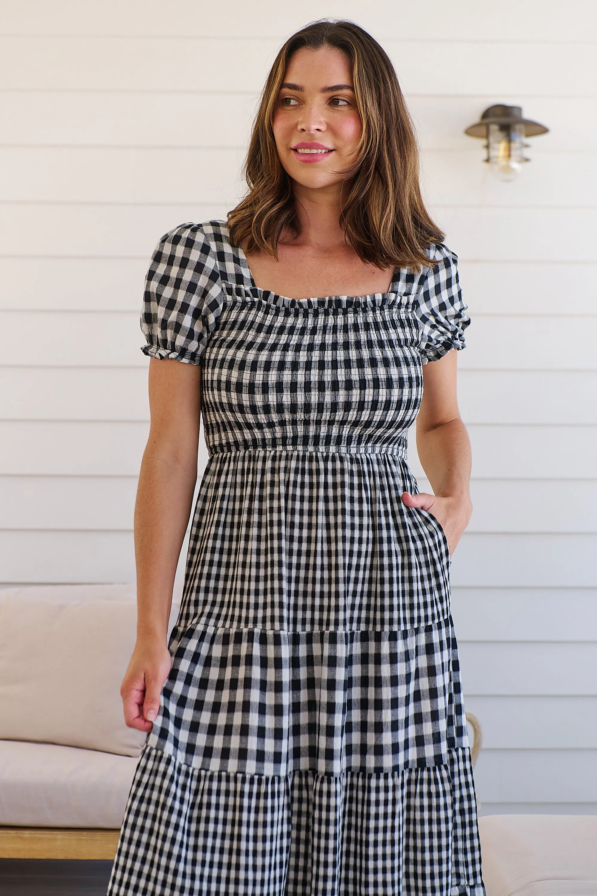 Quinn Black/White Gingham Shirred Bust Tiered Maxi Dress