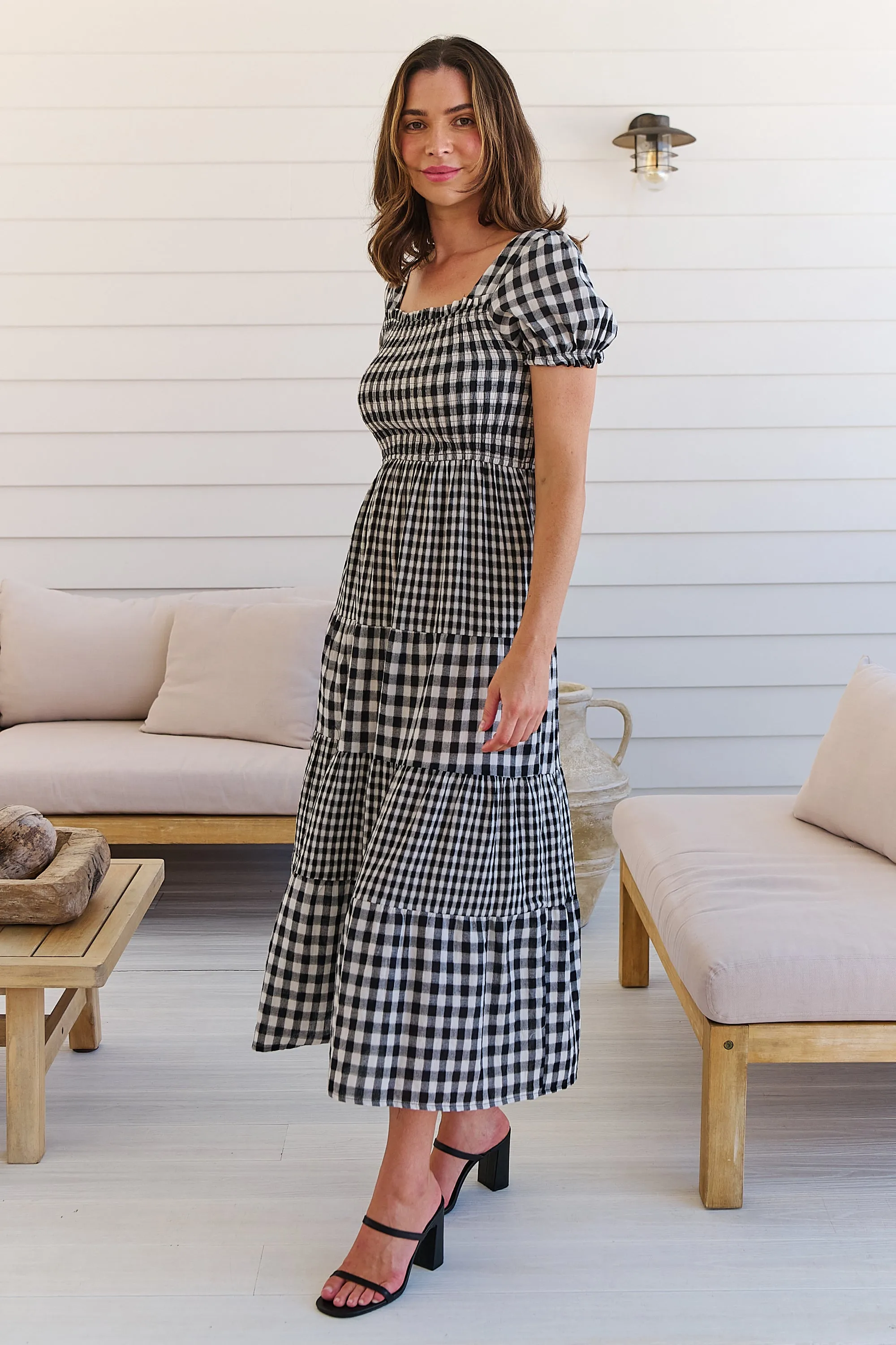 Quinn Black/White Gingham Shirred Bust Tiered Maxi Dress