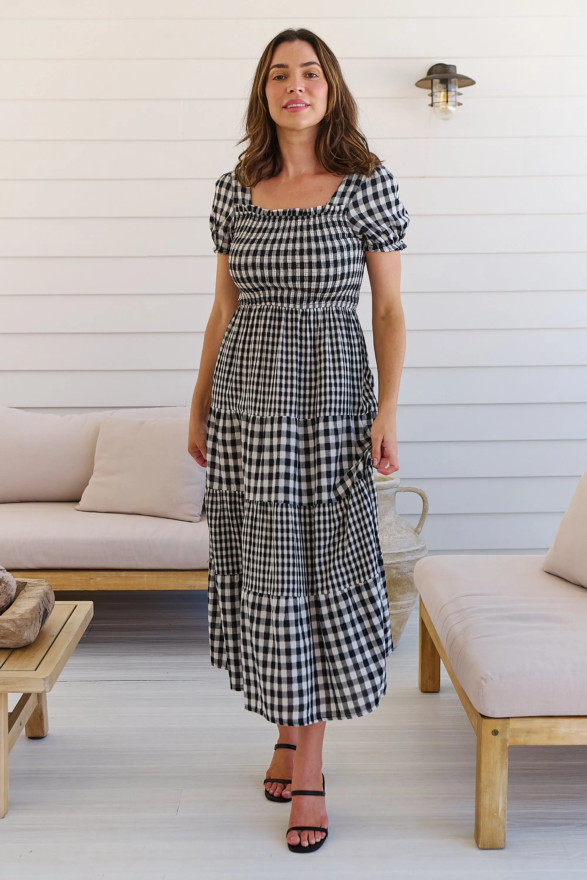 Quinn Black/White Gingham Shirred Bust Tiered Maxi Dress