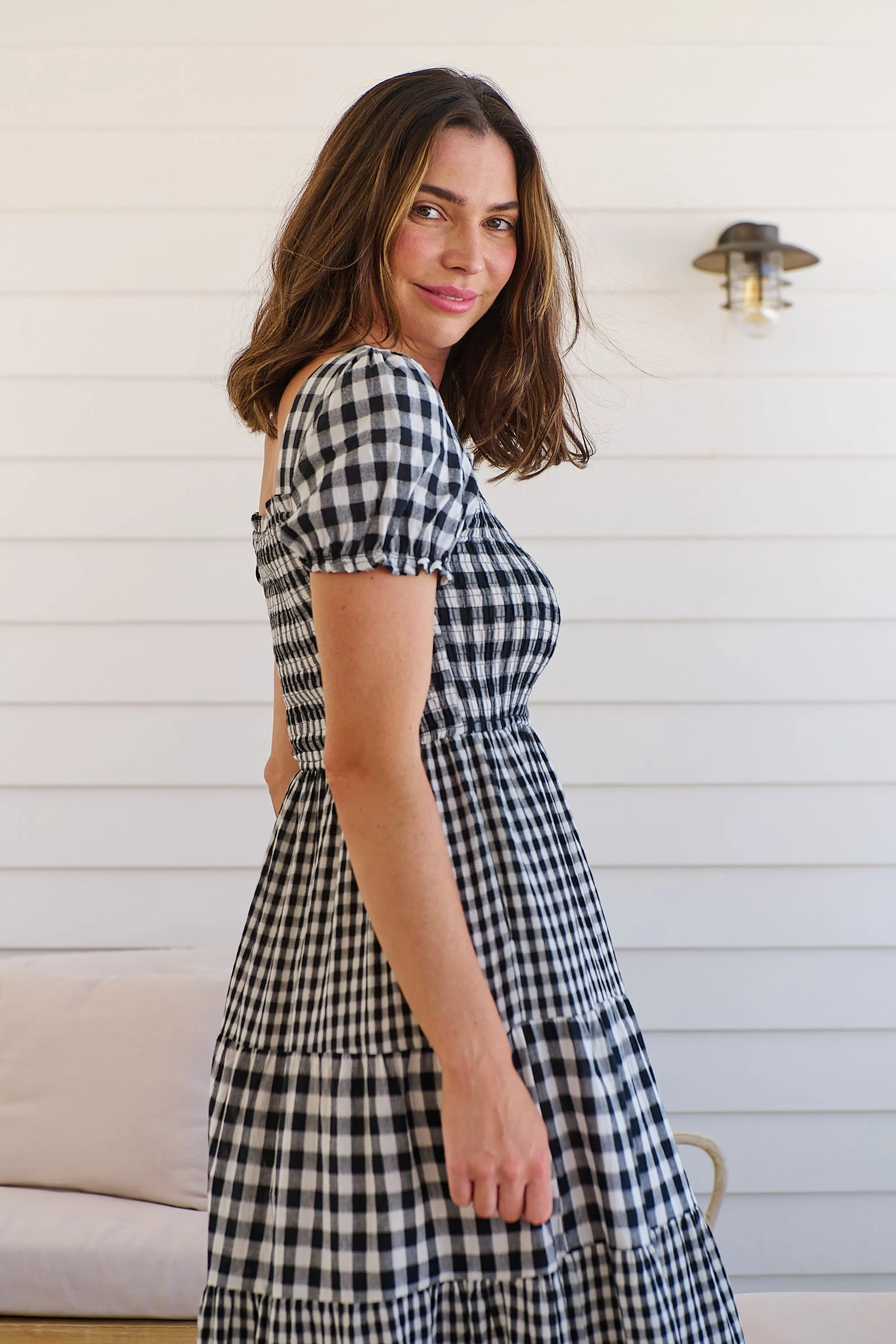 Quinn Black/White Gingham Shirred Bust Tiered Maxi Dress