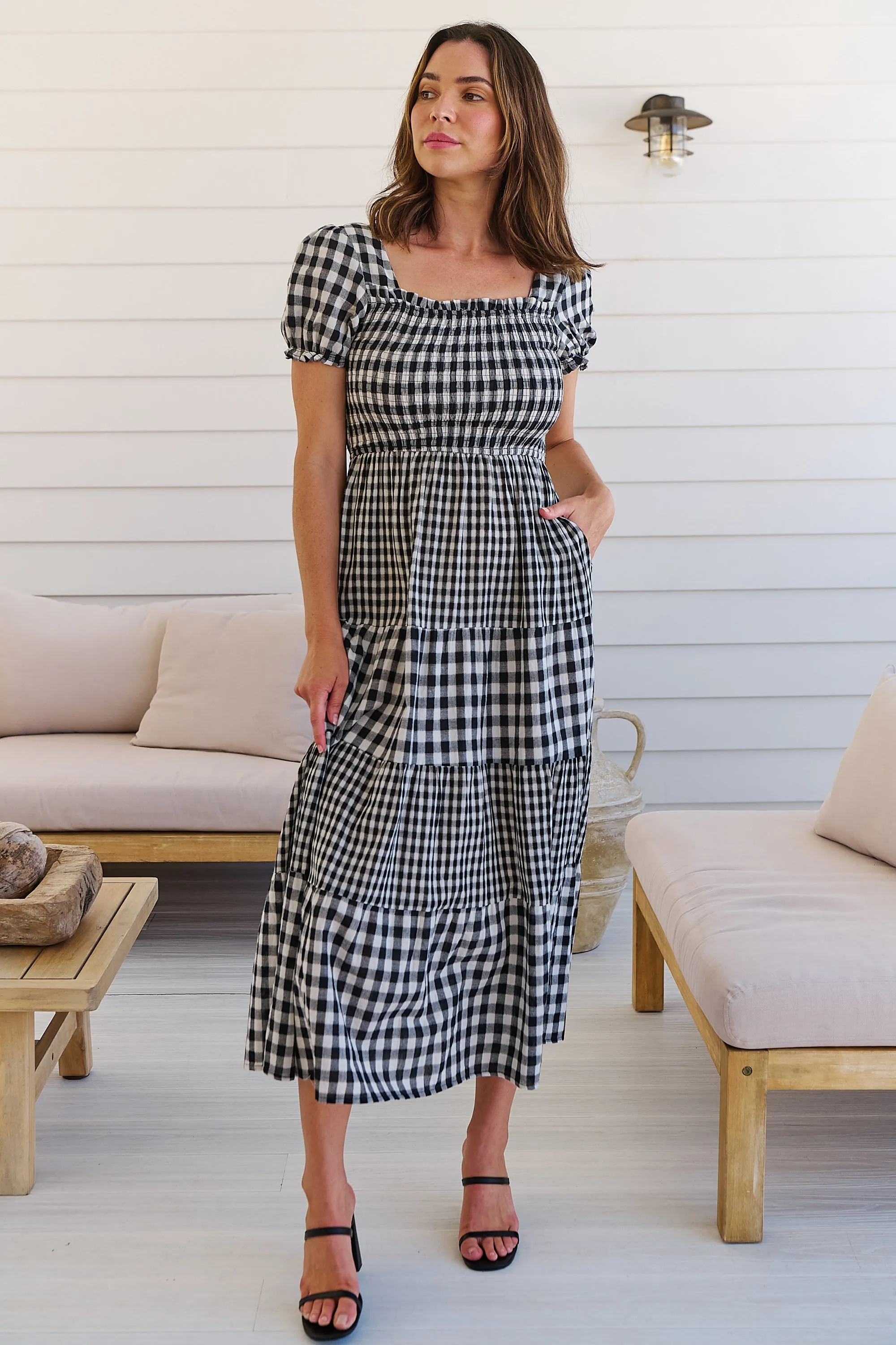 Quinn Black/White Gingham Shirred Bust Tiered Maxi Dress