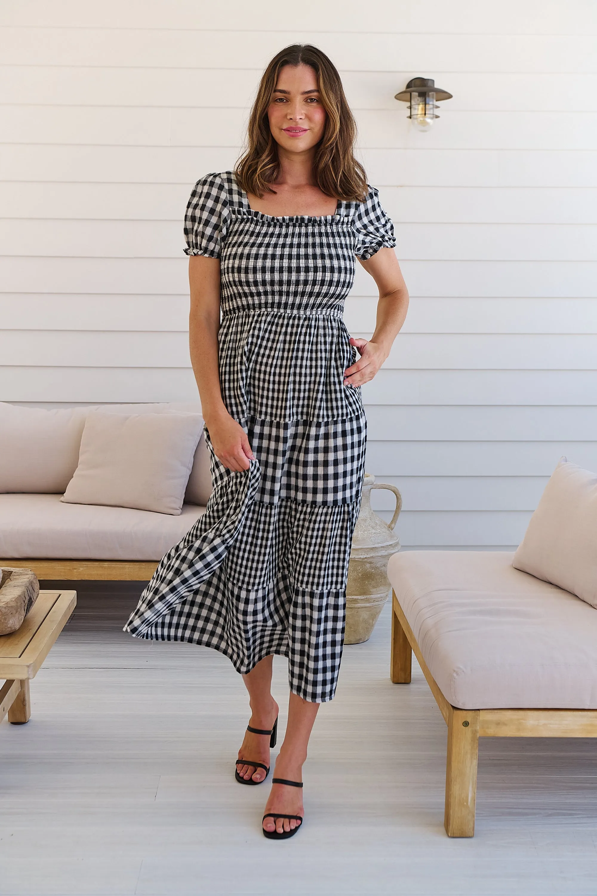 Quinn Black/White Gingham Shirred Bust Tiered Maxi Dress