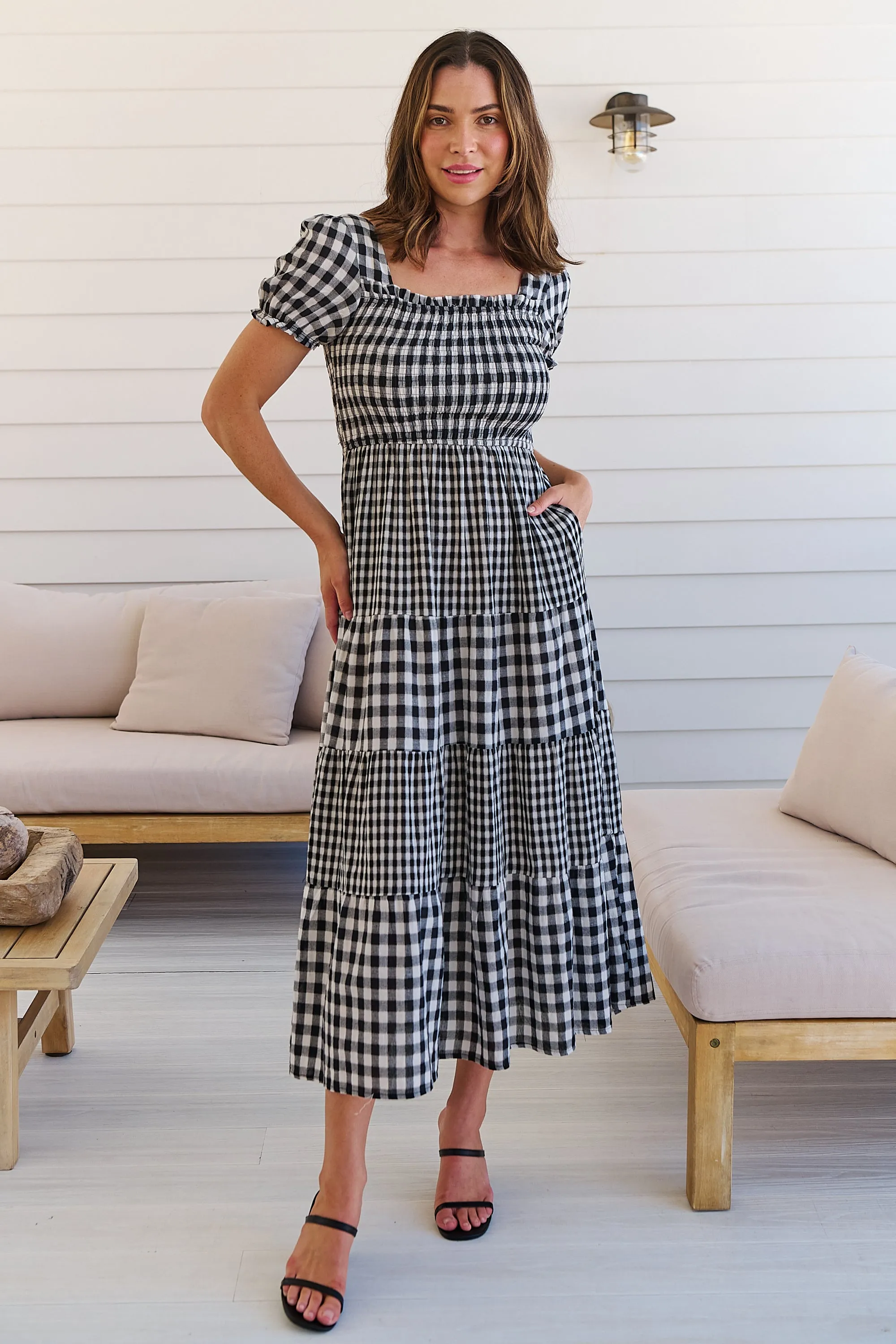 Quinn Black/White Gingham Shirred Bust Tiered Maxi Dress