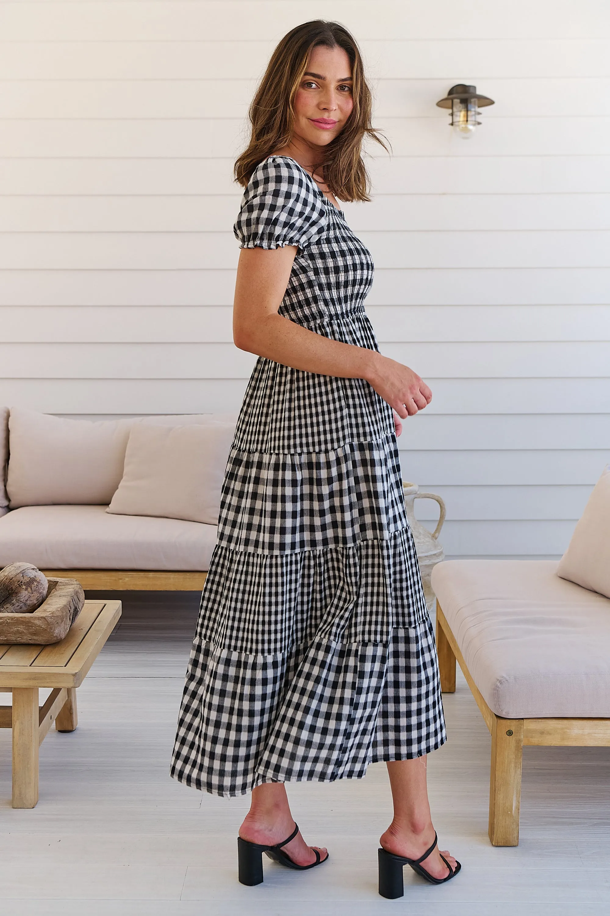 Quinn Black/White Gingham Shirred Bust Tiered Maxi Dress