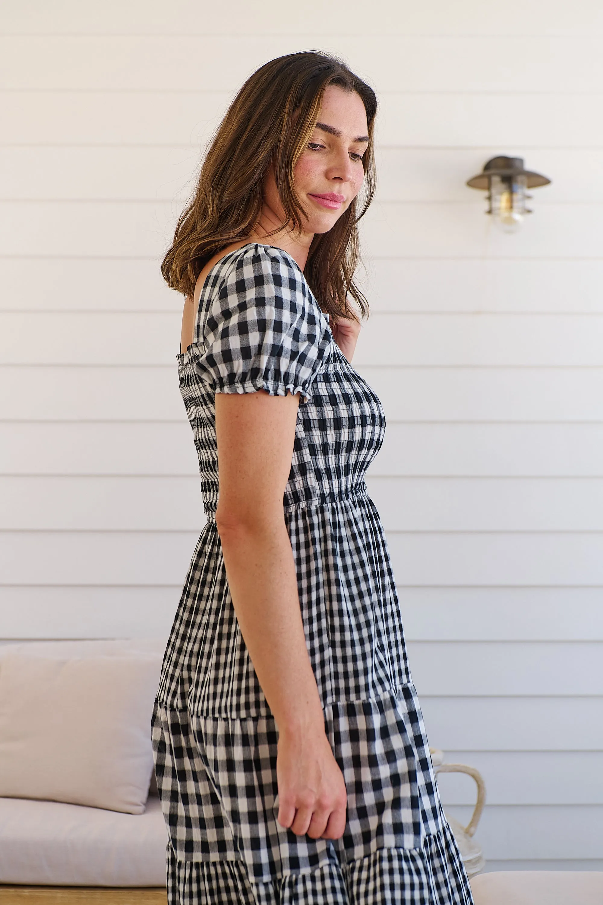 Quinn Black/White Gingham Shirred Bust Tiered Maxi Dress