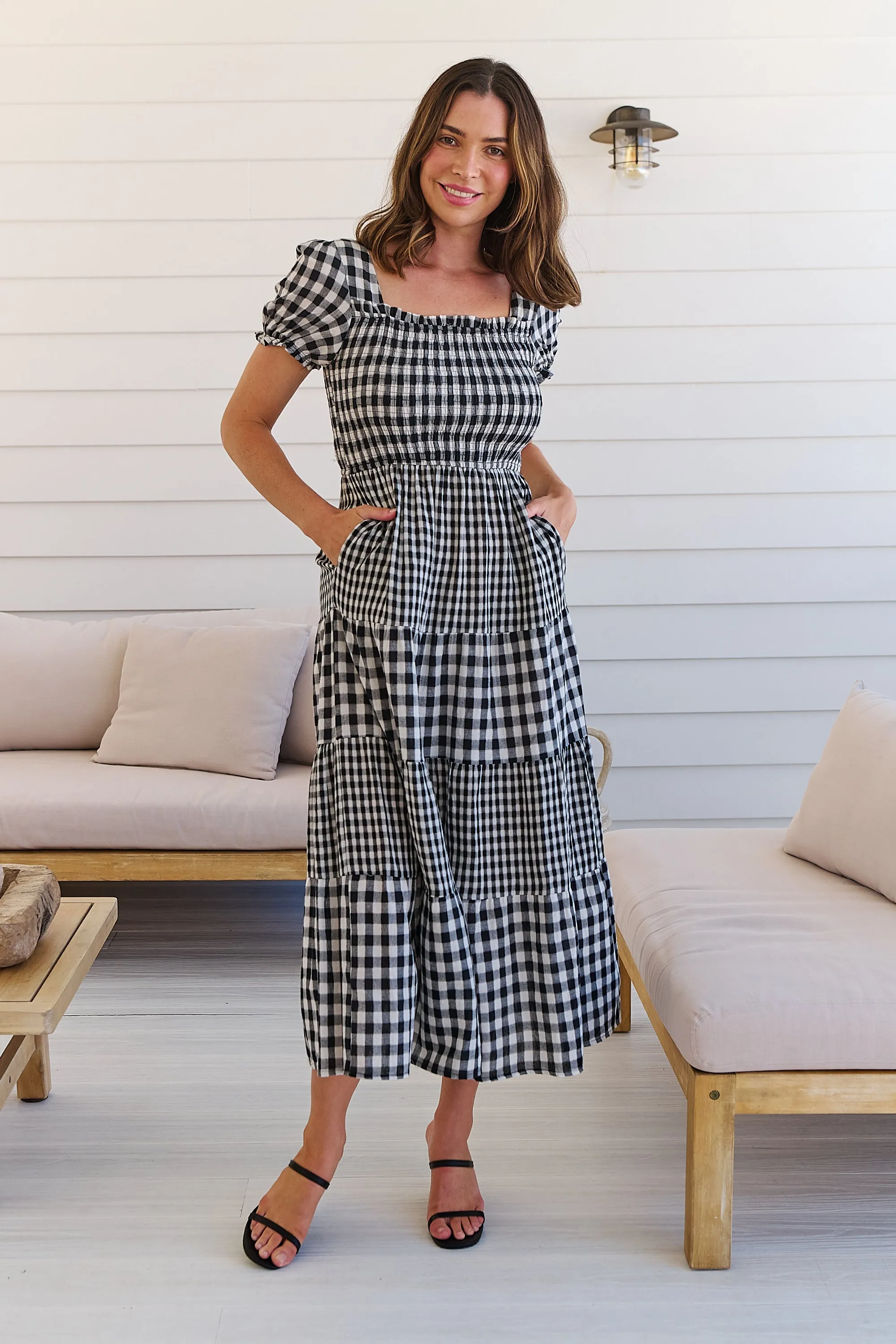 Quinn Black/White Gingham Shirred Bust Tiered Maxi Dress