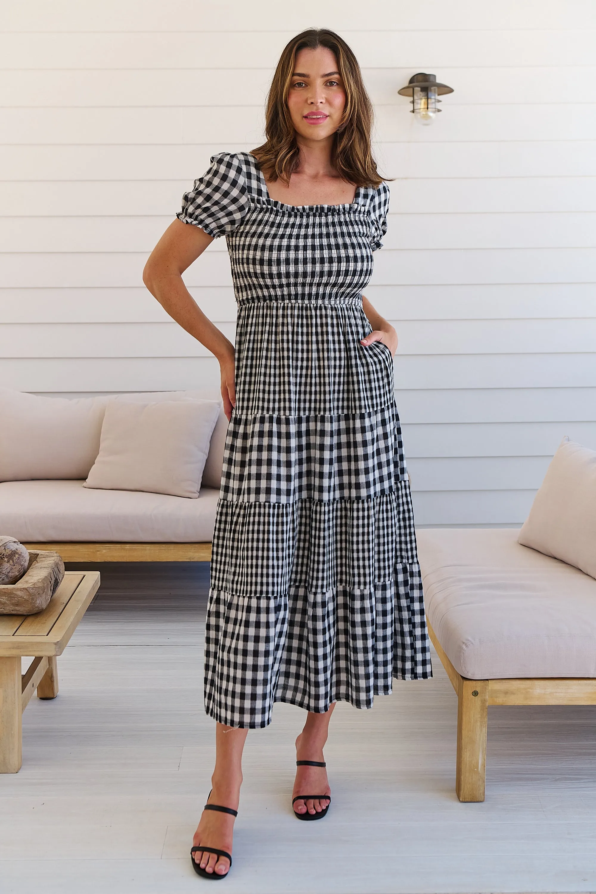 Quinn Black/White Gingham Shirred Bust Tiered Maxi Dress