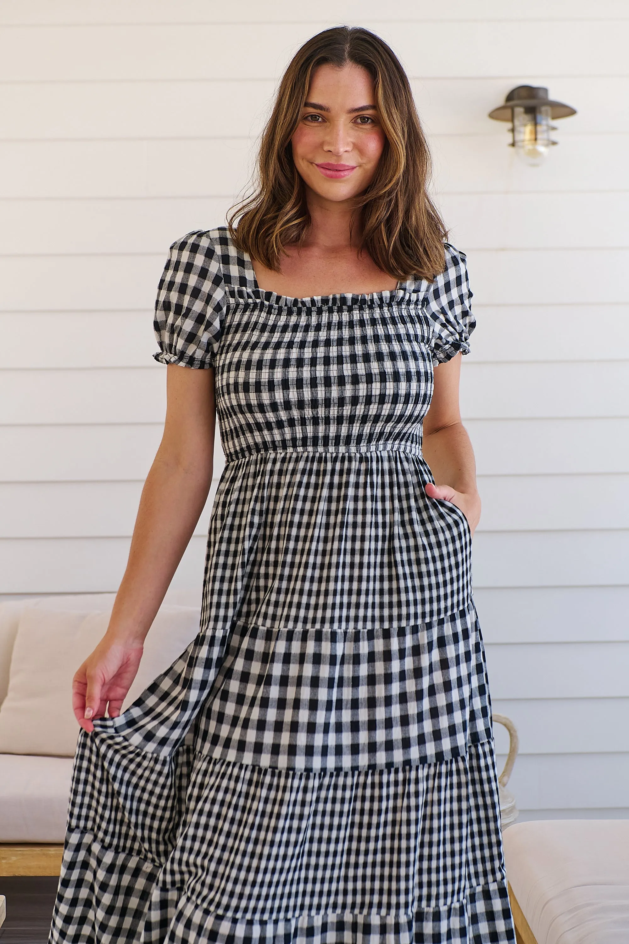 Quinn Black/White Gingham Shirred Bust Tiered Maxi Dress