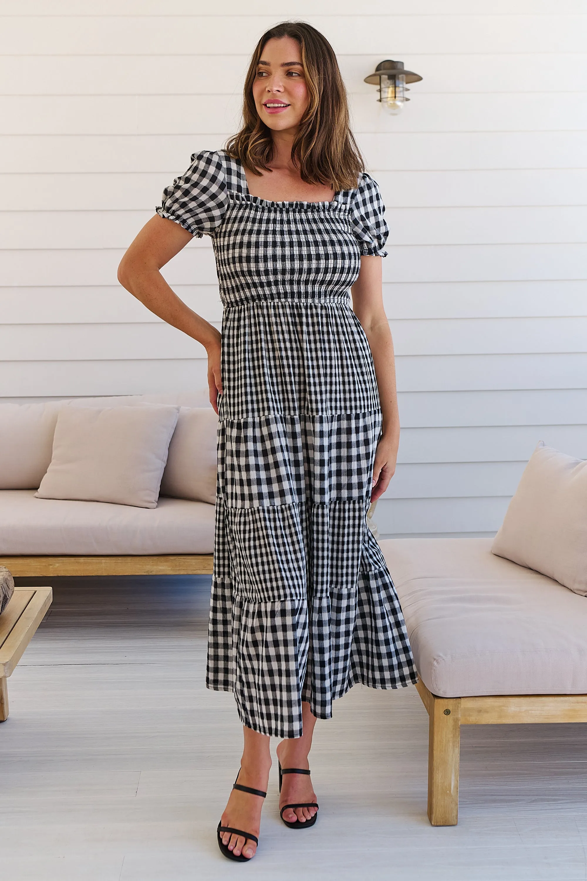 Quinn Black/White Gingham Shirred Bust Tiered Maxi Dress