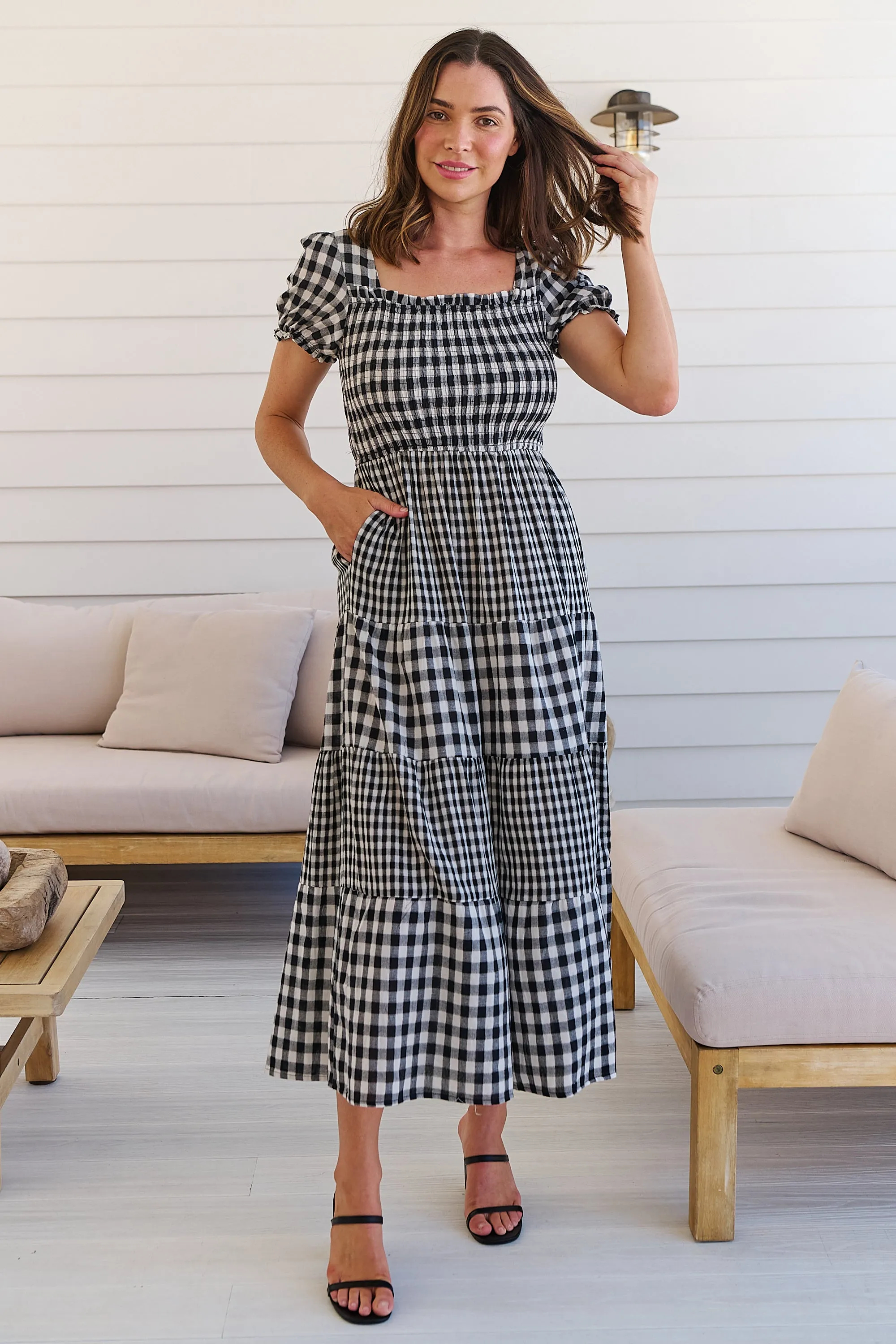 Quinn Black/White Gingham Shirred Bust Tiered Maxi Dress