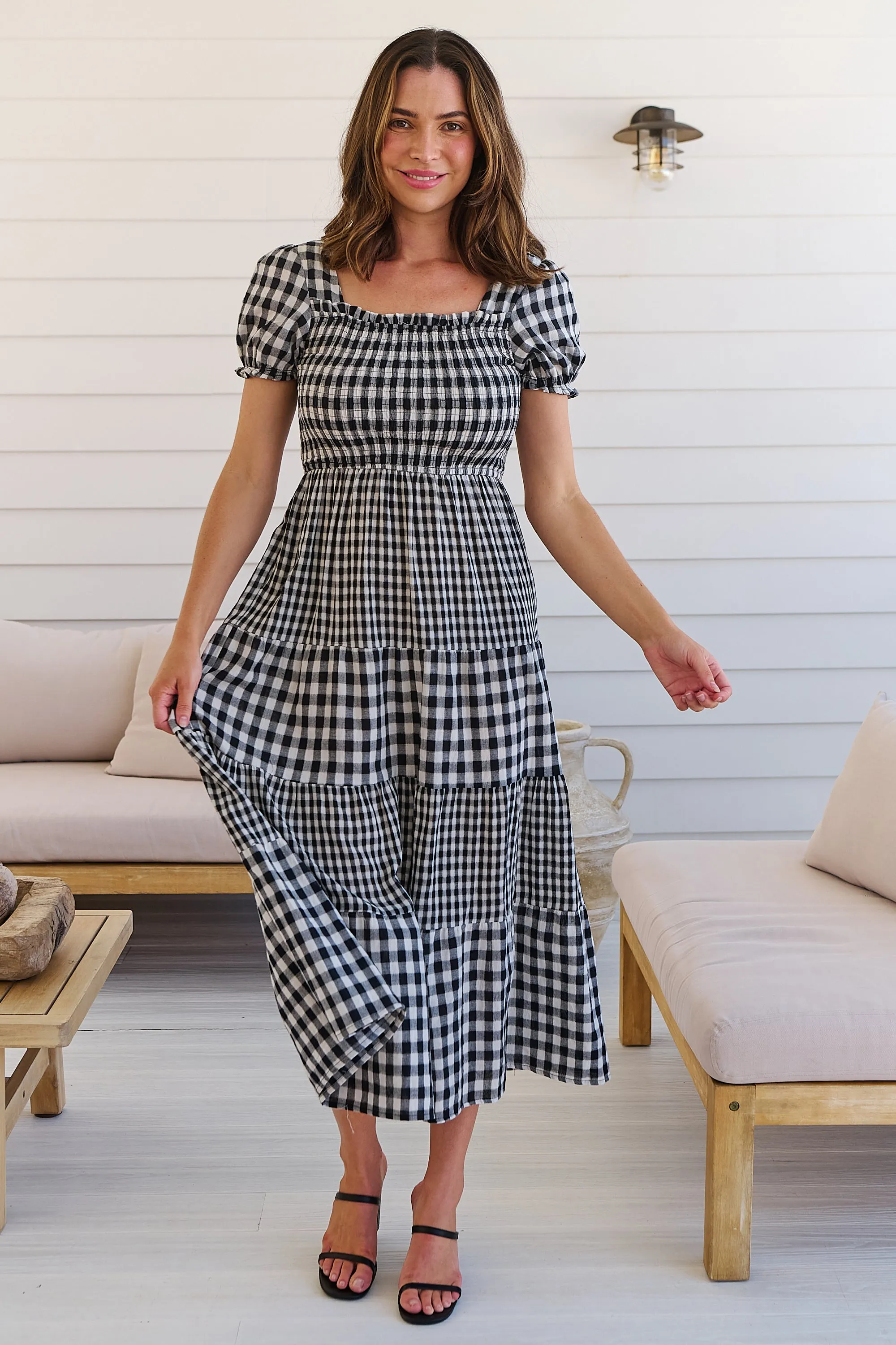 Quinn Black/White Gingham Shirred Bust Tiered Maxi Dress